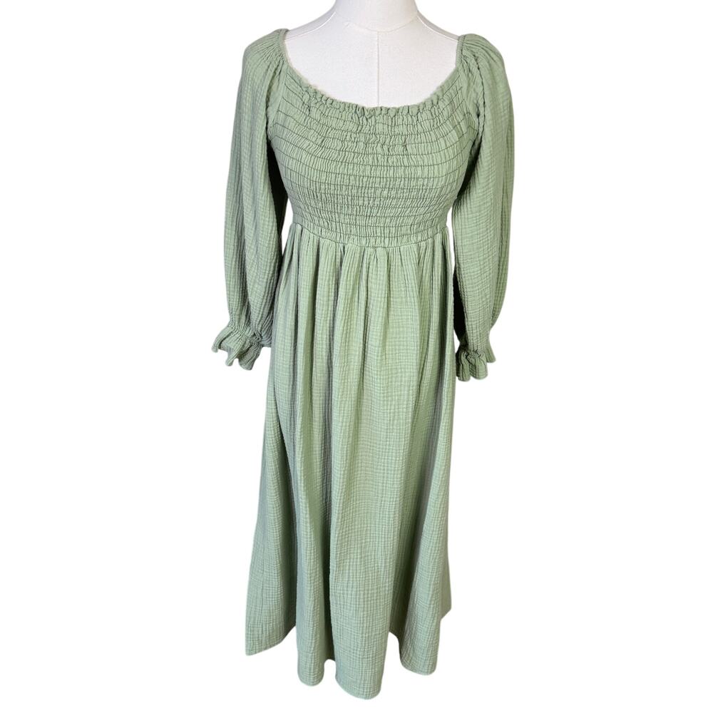 Bibi Green Dress Midi Smocked Off The Shoulder Long Sleeve Summer US Womens M
